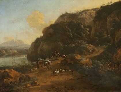 Mountain landscape with travellers (1677)