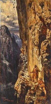 Mountaineers ascending a steep rock face