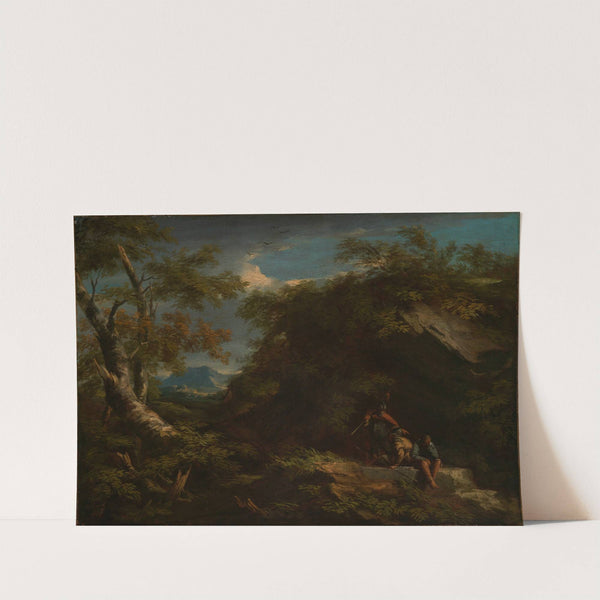 Mountainous forest landscape with resting warriors by Salvator Rosa