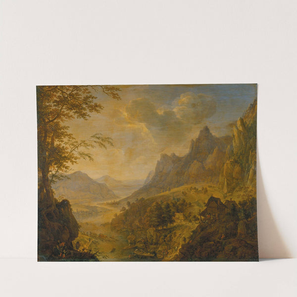 Mountainous Landscape with a River, in the Foreground a Village with Several Boats Moored at the Bank by Herman Saftleven III