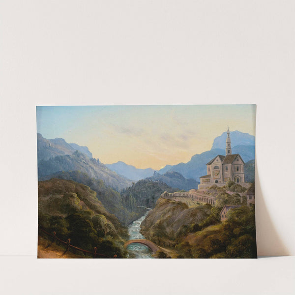 Mountainous landscape with a river valley and an abbey at evening light by Carl Gustav Carus