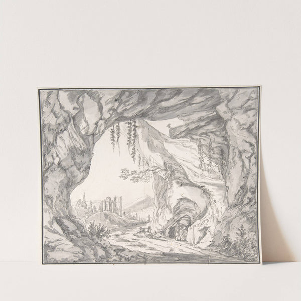 Mountainous Landscape with Ruins of a Castle and Three Men in a Cave, Seen through a Stone Gate by Johann Caspar Huber