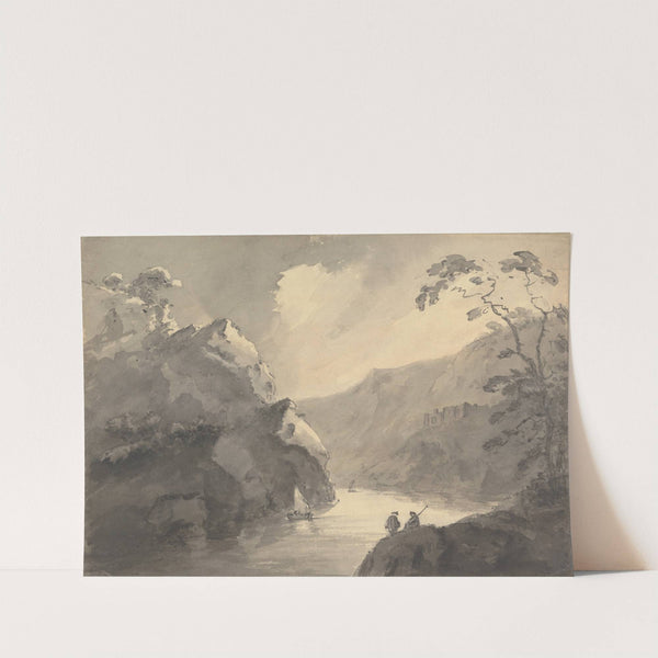 Mountainous landscape with winding river and castle by William Gilpin