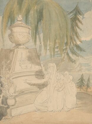 Mourning scene with kneeling mother and two children by monument below cypress and pine trees