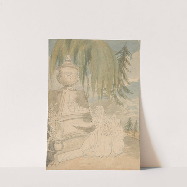 Mourning scene with kneeling mother and two children by monument below cypress and pine trees by John Rubens Smith