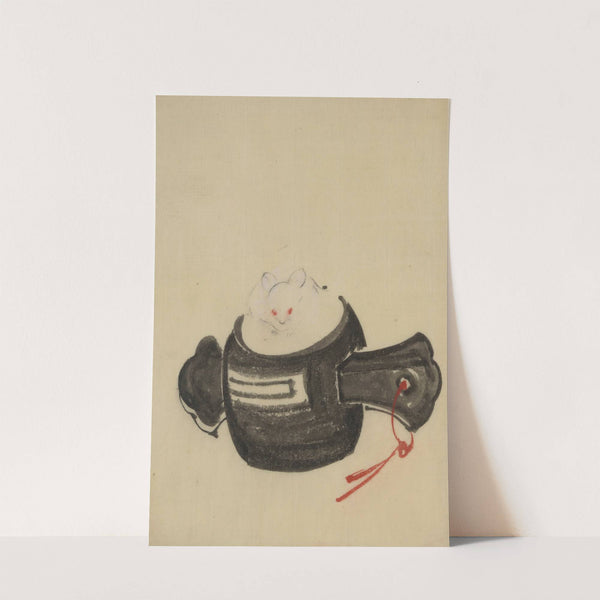 Mouse, facing front, sitting on a mallet with red ribbon through a hole in the handle by Katsushika Hokusai