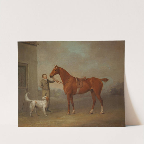 Mr. Yarburgh's Chestnut Hunter Robin Hood Held By A Groom With A Dog In A Landscap by George Haigh