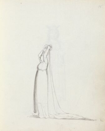 Mrs. Siddons full length profile standing with arms over her head holding a veil