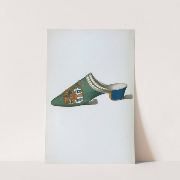Mule or bedroom slipper in green velvet, with coat of arms embroidered in silk and metallic threads by T. Watson Greig