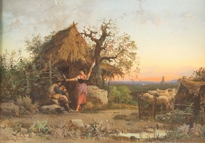 Music making shepherds, Rome in the background
