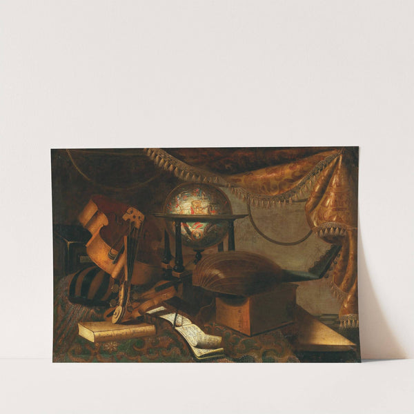 Musical instruments, a globe, book and music sheets on a table by School of Bergamo