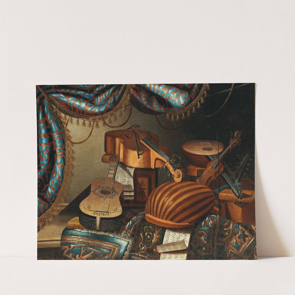 Musical instruments, music scores and books on a table draped with a carpet by School of Bergamo