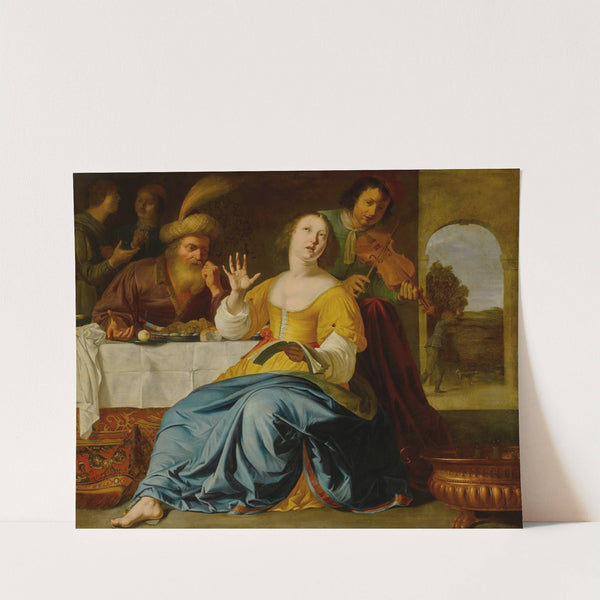 Musical party before a laid table with a landscape through a doorway beyond by Aelbert Jansz. van der Schoor