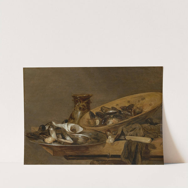 Mussels in pewter and earthenware plates with an upturned roemer, on a wooden table by Abraham van Beyeren