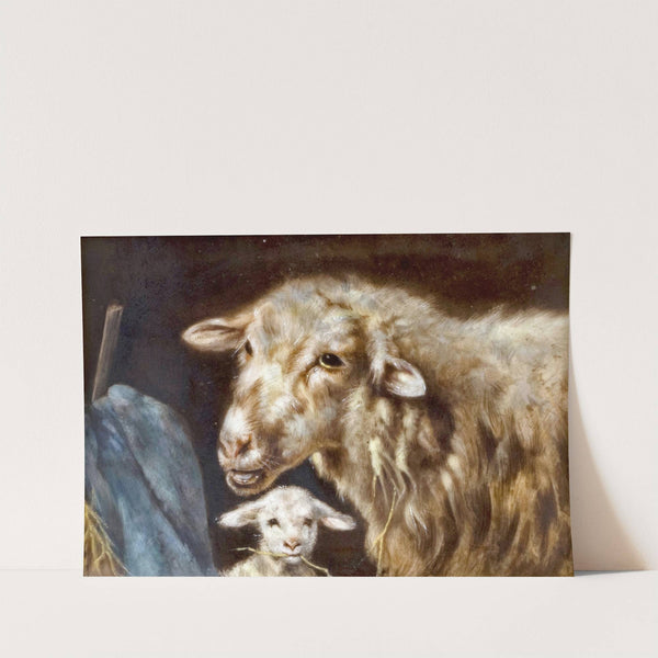 Mutterschaf mit Lamm im Stall by Friedrich Otto Gebler