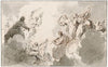 Muziekmakende vrouwenfiguren in de wolken