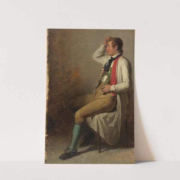 Nach links sitzender junger Bauer in Schwarzwälder Tracht, sich mit der Rechten an den Kopf greifend by Johann Baptist Kirner