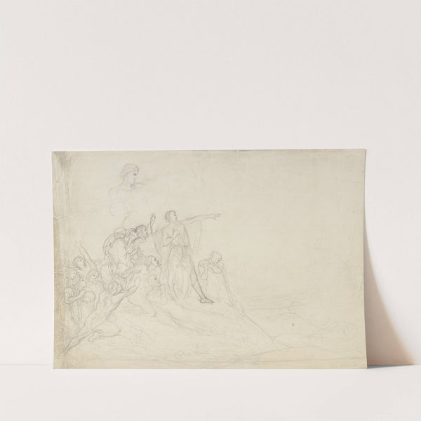 Nach rechts in die Ferne nach weisender Mann, umgeben von ihm folgender Gestalten, zum Teil in historischer Tracht, zum Teil als Aktfiguren ausgeführt by Victor Müller