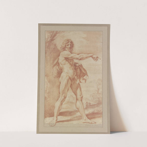 Nackter Mann, ein Gewand unter dem Arm tragend, nach rechts zeigend by Guercino