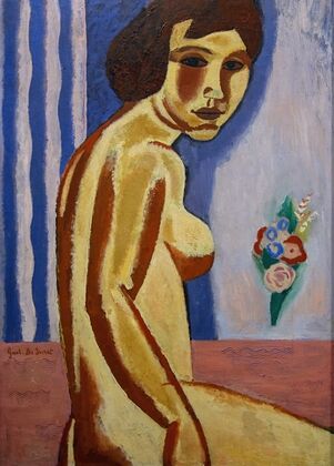 Naked woman with flower bouquet