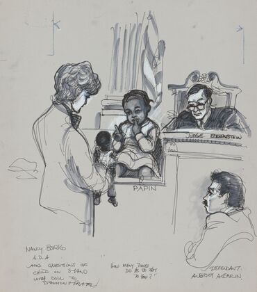 Nancy Borko A.D.A. asks questions of child on stand with doll to demonstrate “How many times did he do that to you?”