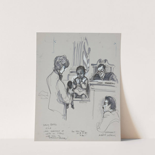 Nancy Borko A.D.A. asks questions of child on stand with doll to demonstrate "How many times did he do that to you?" by Joseph Papin