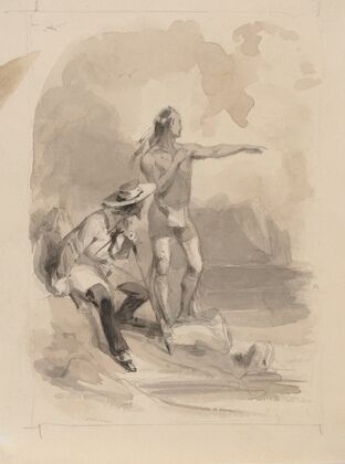 Native American and sailor looking out to sea