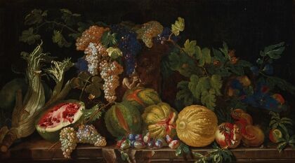 Nature morte aux melons, grenades, raisins, pastèque et autres fruits et légumes sur un entablement