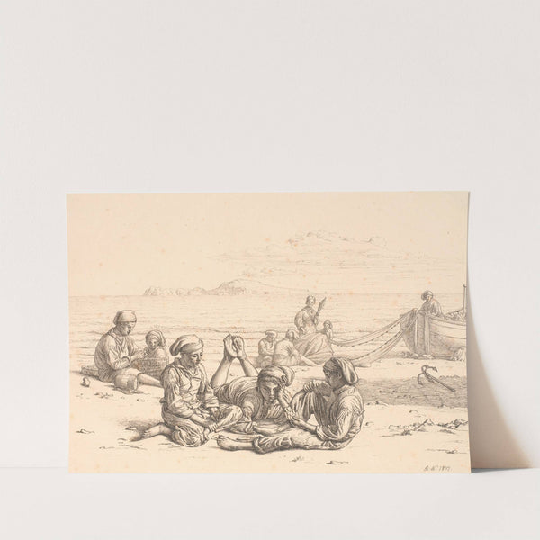 Neapolitanske fiskerdrenge som spiller kort. Flere fiskere er beskæftiget med deres net. I baggrunden ses Capri by Christen Købke