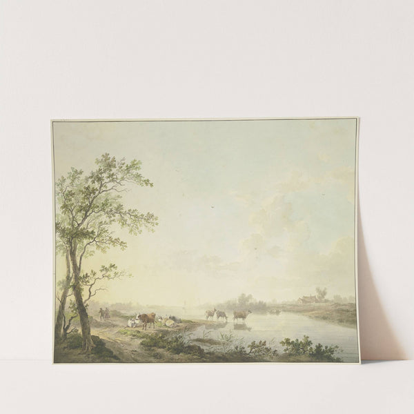 Nebliger Morgen an einem Flusse, am Ufer sieben Kühe, zum Teil im Wasser stehend (1803) by Abraham Teerlink