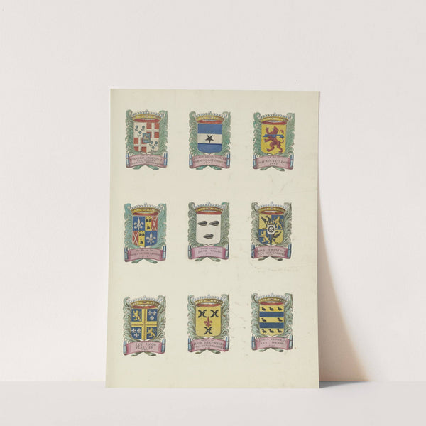 Negen wapens van raden in de vroedschap van Rotterdam, rechtsboven het wapen van Isaac van Teylingen (1694-1695) by Johannes de Vouw