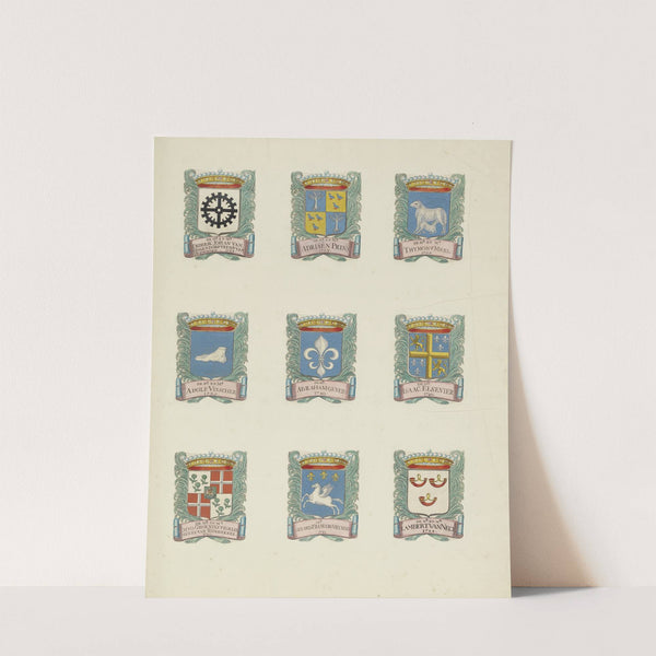 Negen wapens van raden in de vroedschap van Rotterdam, rechtsboven het wapen van Thimon van Meel (1694-1695) by Johannes de Vouw