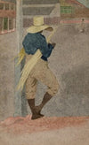 Negro man in straw hat, standing, stripping cane
