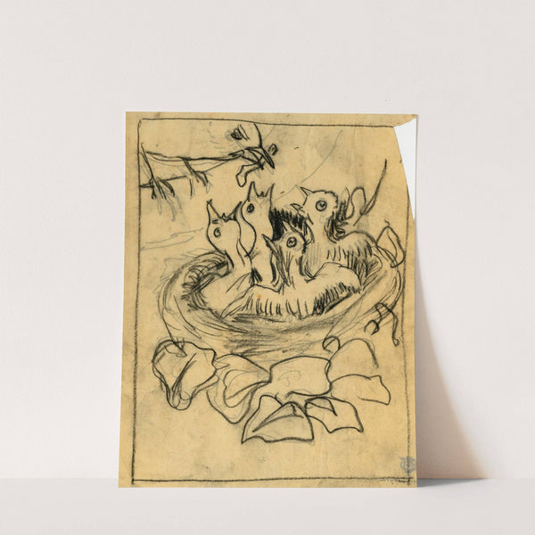 Nest van vier merels wordt gevoed door een ouder by Theo van Hoytema