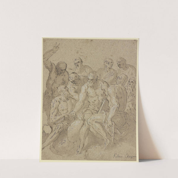 Neun Männerakte mit Büchern, auf Wolken sitzend by Jacopo Palma il Giovane