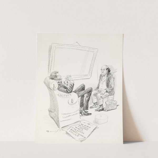 Newspaper publisher J. Pulitzer sits with William Jennings Bryan, who is frowning by Homer Davenport