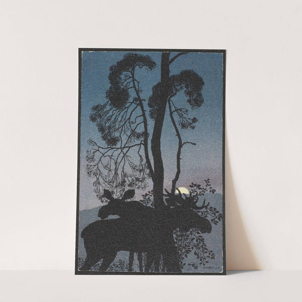 Night motif with moose in silhouette in the moonlight by Thorolf Holmboe
