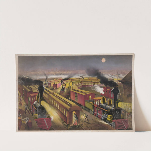 Night scene at an American railway junction; Lightning Express, Flying Mail, and Owl Trains, ‘on time’ (1876) by Currier & Ives.