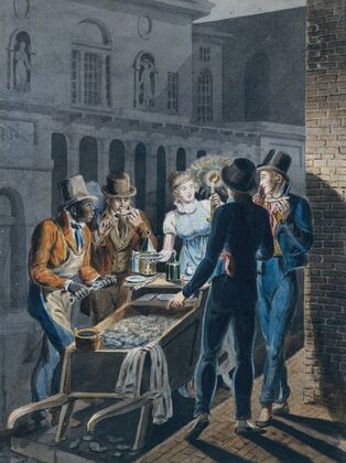 Nightlife in Philadelphia—an Oyster Barrow in front of the Chestnut Street Theater
