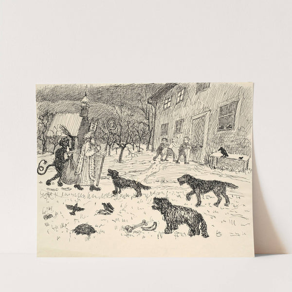 Nikolaus und Krampus in Landschaft mit Kindern by Walther Gamerith