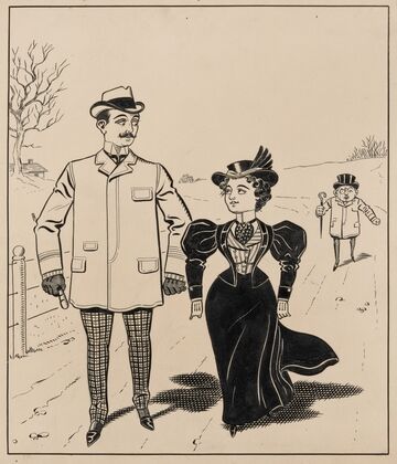 Six comic strip frames of two chivalrous men with woman in rain storm Pl.1 (1897)