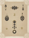 Nine Designs For Jewelry, Including Two Large Pins With Blue Stones And Diamonds.
