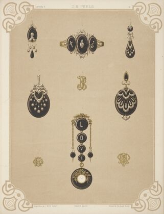 Nine Designs For Jewelry, Including Two Large Pins With Blue Stones And Diamonds.