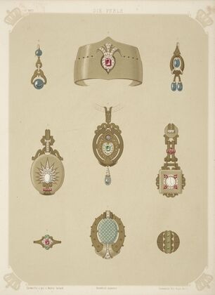 Seven Designs For Jewelry, Including Bracelets, Earrings, And Necklace With Pink Pearls.