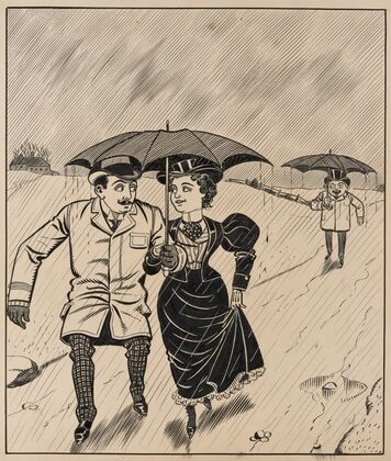 Six comic strip frames of two chivalrous men with woman in rain storm Pl.4 (1897)
