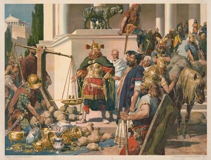 Nordic military men negotiating with Romans over gold, silver bowls and coins