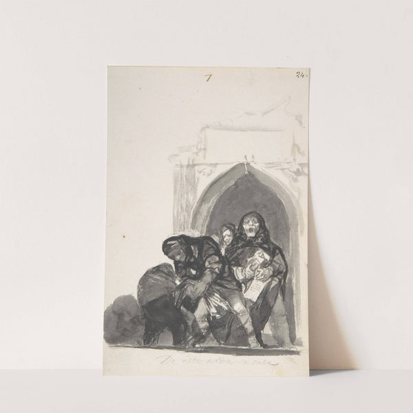‘Nothing is Known of This’ ; two figures picking up a body in front of a church, a monk singing next to them and another in the background (ca.1819–23) by Francisco de Goya