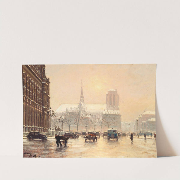 Notre-Dame vue de la place de l'Hôtel de Ville, par temps de neige by Henry Malfroy