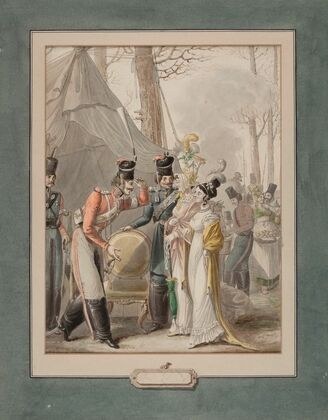 Occupation russe à Paris des soldats russes courtisent des promeneuses, au milieu d’un campement (1814)