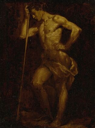 Nude academic sketch of a man holding a staff, en brunaille